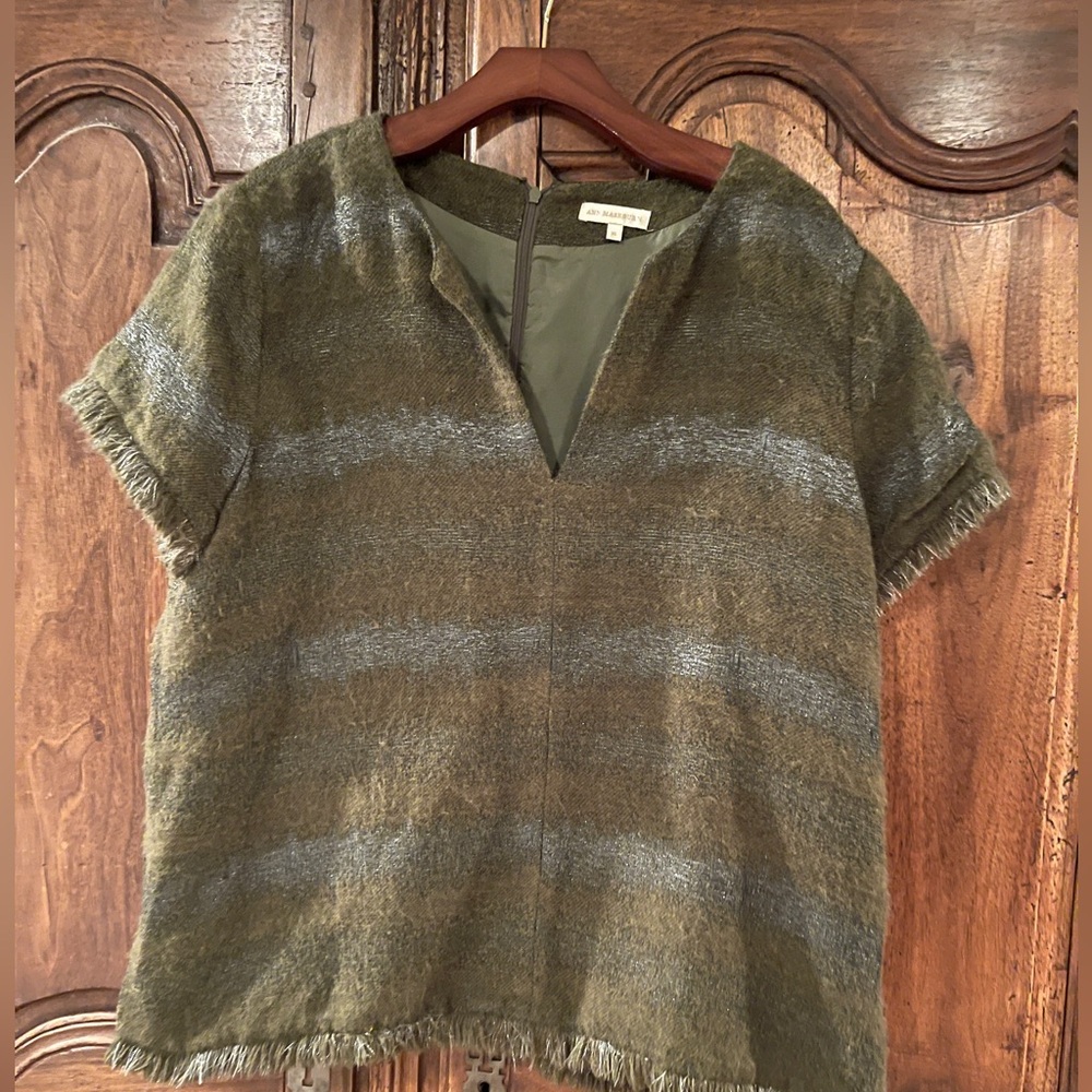Ann Mashburn Green Wool Blend Top with Metallic Stripe and Fringe XL